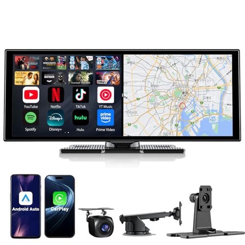 Accfly 11 インチプロフェッショナルディスプレイオーディオ 動画視聴対応（YouTube/Netflix Tiktok等アプリ）高清解像度 1920*720 デュアルスクリーン同期表示機能 ワイヤレスアンドロイドナビ（カーナビ）対応 ワイヤレス CarPlay 接続機能 背面カメラ対応、bluetooth通話音声コントロール、AUX/FM、インストール容易、技術認証取得済みです